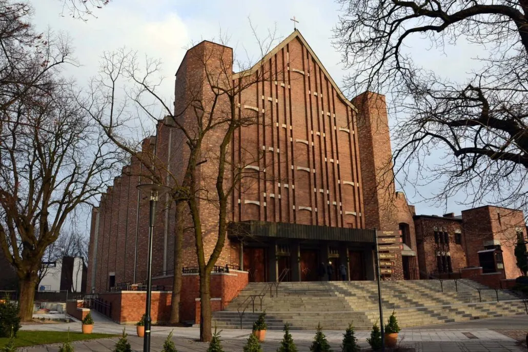 St Dominic’s church in Warsaw Służew, the brick front with the entrance stairs