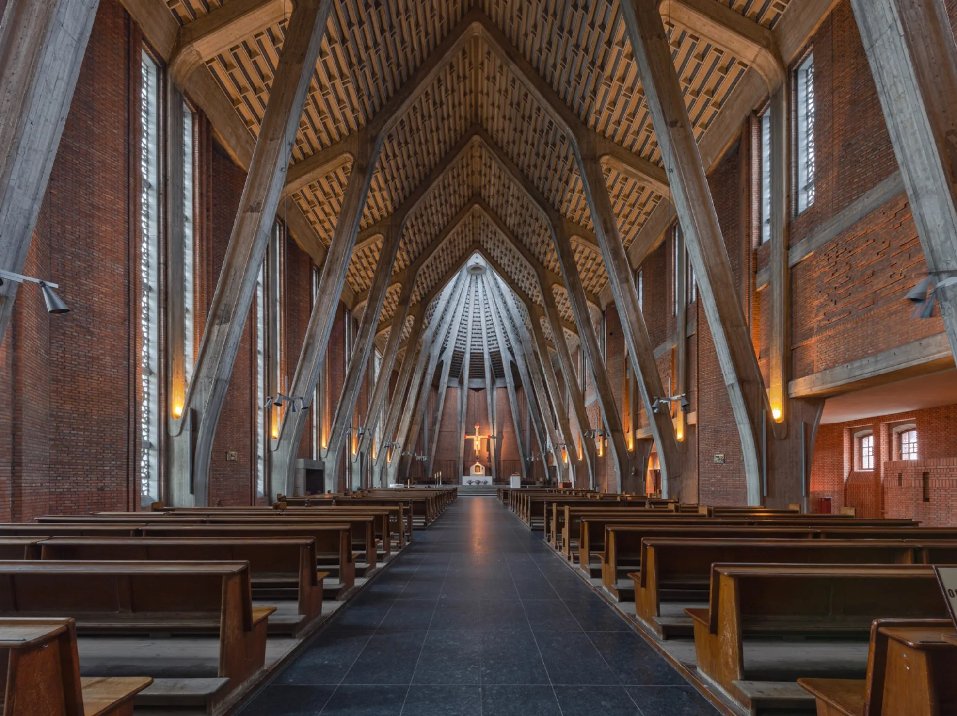 Inside the church, timber vaulting over the nave
