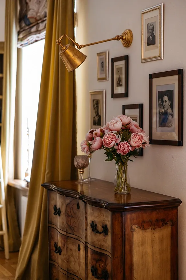 Peonies on an antique chest of drawers